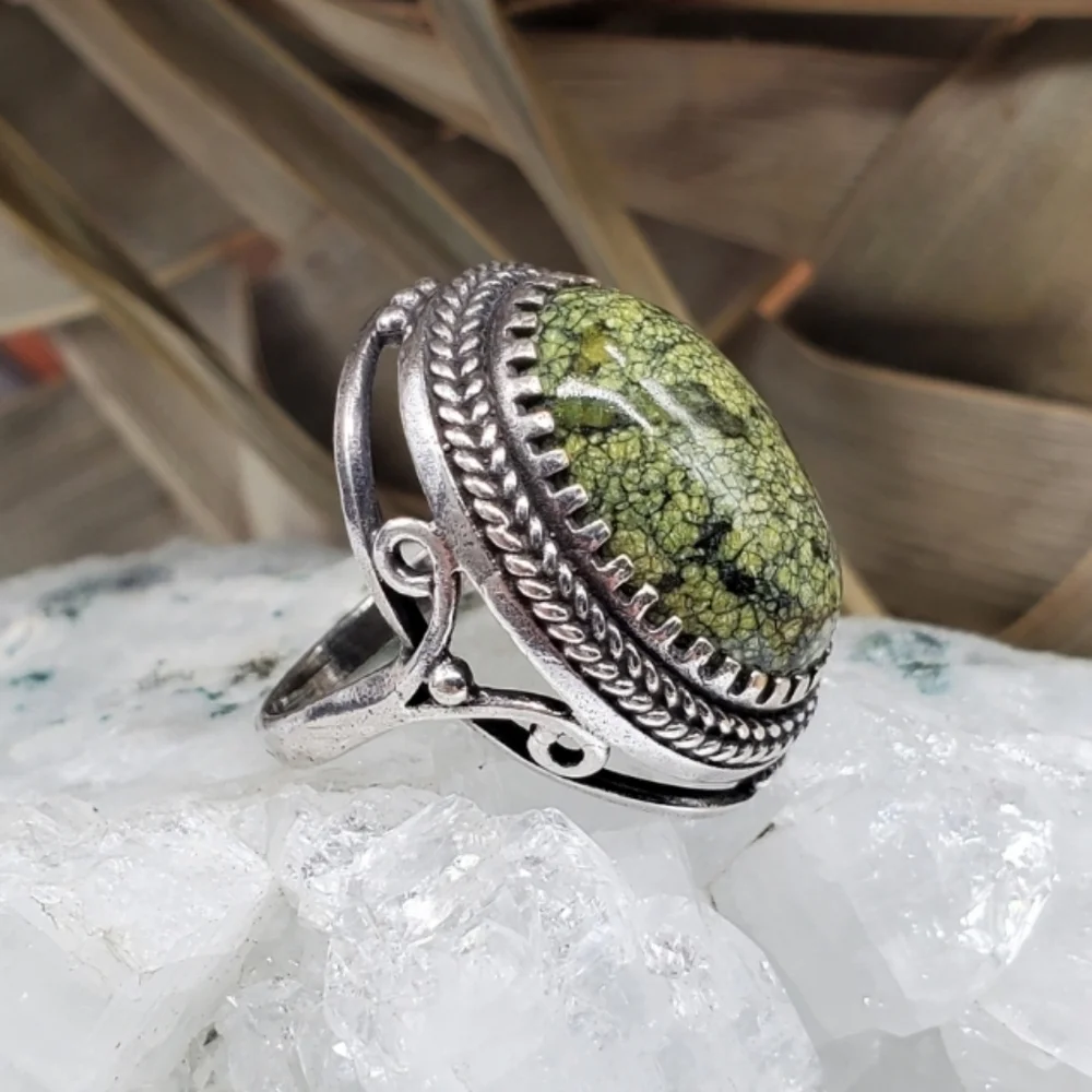 Natural SERPENTINE Stone Rhodium/Silver Artisan Ring Boho Jewelry Ethnic